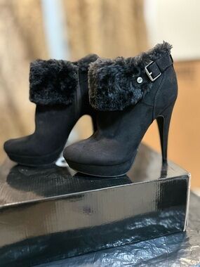 G by Guess Black Faux Fur Cuff High Heel Ankle Boots